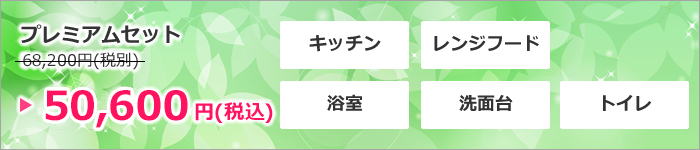 プレミアムセット　キッチン、レンジフード、浴室、洗面台、トイレのクリーニング　44000円・税別